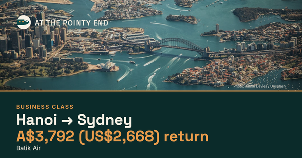 Business return to Sydney from US$2,668, well below typical. Checked against live availability.