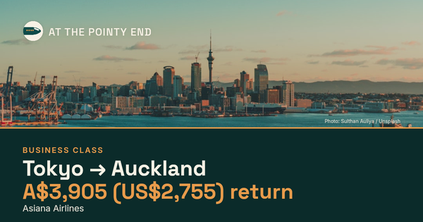 Business return to Auckland from US$2,755, well below typical. Checked against live availability.