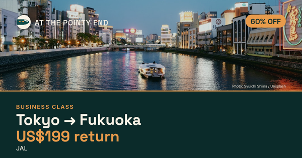 Business return to Fukuoka from US$199, about 60% off. Checked against live availability.