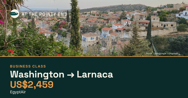 Business one-way to Larnaca from US$2,459, well below typical. Checked against live availability.