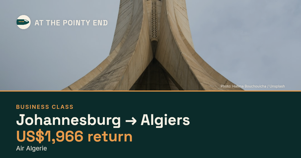Business return to Algiers from US$1,966, well below typical. Checked against live availability.
