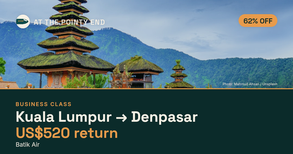 Business return to Denpasar from US$520, about 62% off. Checked against live availability.