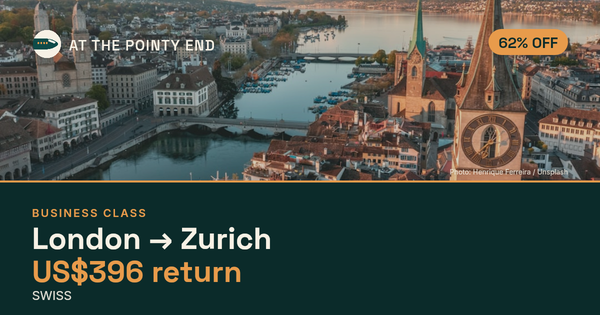 Business return to Zurich from US$396, about 62% off. Checked against live availability.