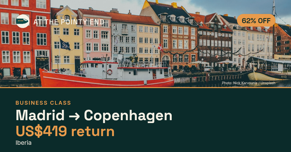 Business return to Copenhagen from US$419, about 62% off. Checked against live availability.