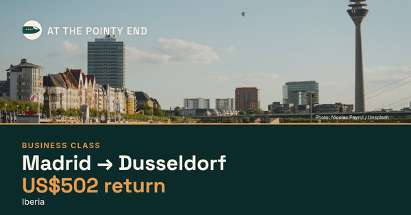 Business return to Dusseldorf from US$502, well below typical. Checked against live availability.