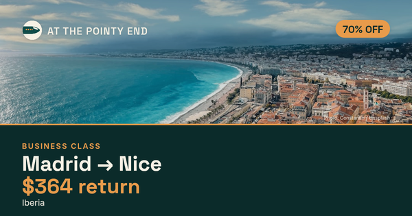 Business return to Nice from US$364, about 70% off. Checked against live availability.
