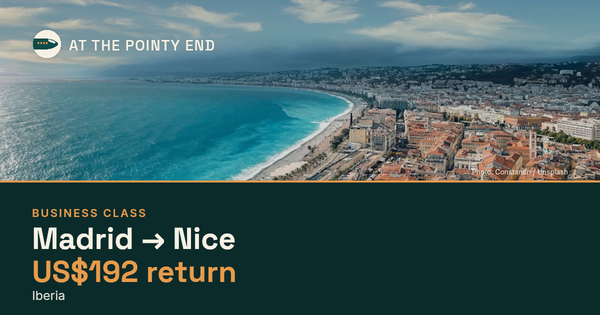 Business return to Nice from US$192, well below typical. Checked against live availability.