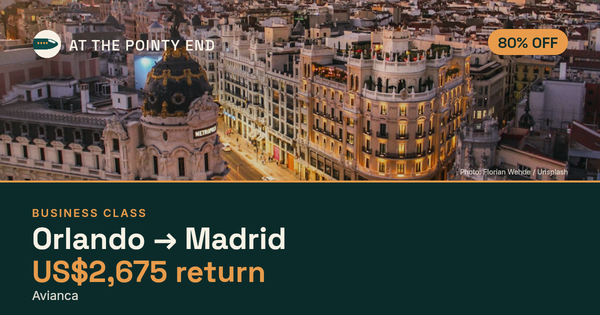 Business return to Madrid from US$2,675, well below typical. Checked against live availability.