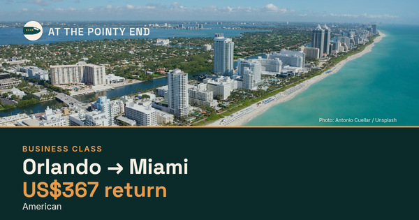 Business return to Miami from US$367, well below typical. Checked against live availability.