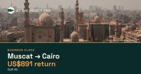 Business return to Cairo from US$891, well below typical. Checked against live availability.