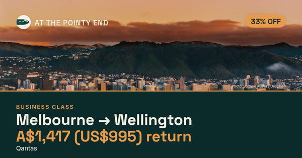 Business return to Wellington from US$995, about 33% off. Checked against live availability.