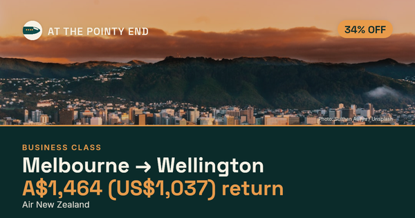 Business return to Wellington from US$1,037, about 34% off. Checked against live availability.