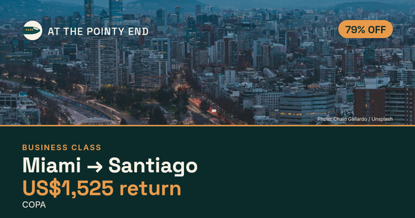 Business return to Santiago from US$1,525, well below typical. Checked against live availability.