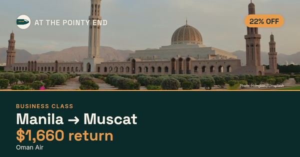 Business return to Muscat from US$1,660, about 22% off. Checked against live availability.