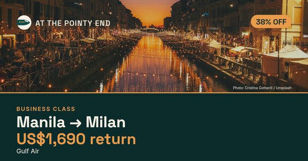Business return to Milan from US$1,690, about 38% off. Checked against live availability.