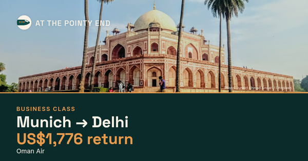 Business return to Delhi from US$1,776, well below typical. Checked against live availability.