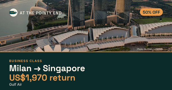 Business return to Singapore from US$1,970, about 50% off. Checked against live availability.