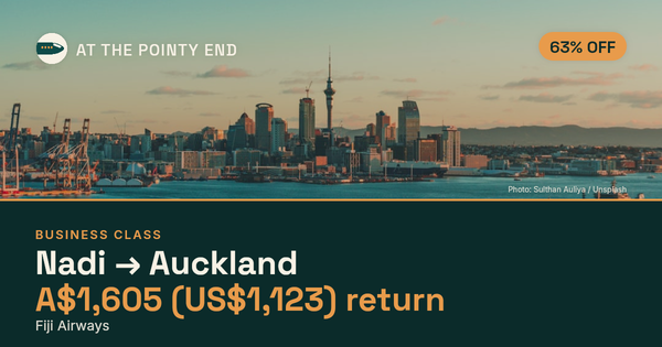 Business return to Auckland from US$1,123, about 63% off. Checked against live availability.
