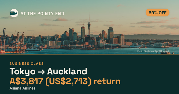 Business return to Auckland from US$2,713, about 69% off. Checked against live availability.