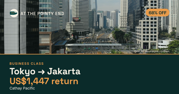 Business return to Jakarta from US$1,447, about 68% off. Checked against live availability.
