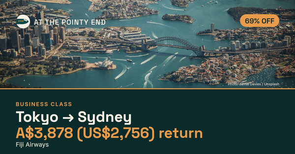 Business return to Sydney from US$2,756, about 69% off. Checked against live availability.