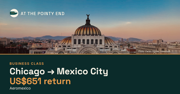 Business return to Mexico City from US$651, well below typical. Checked against live availability.