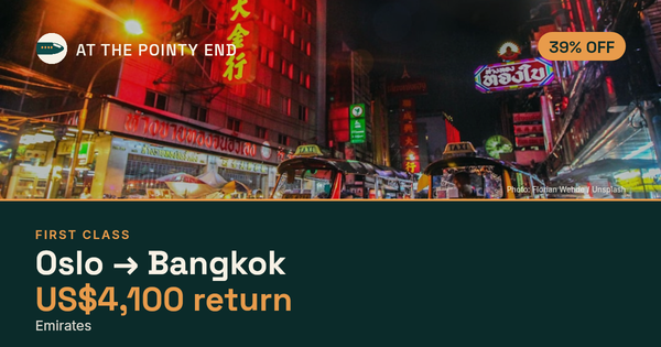 First return to Bangkok from US$4,100, about 39% off. Checked against live availability.