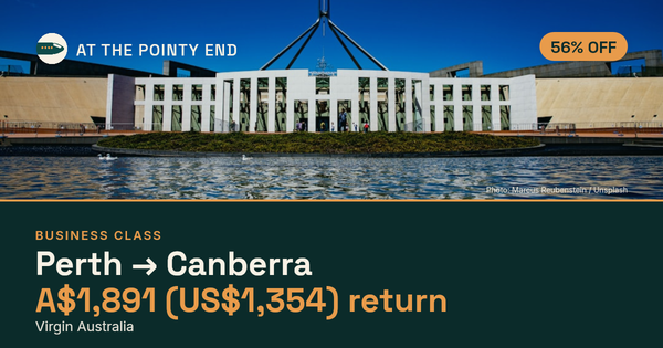 Business return to Canberra from US$1,354, about 56% off. Checked against live availability.