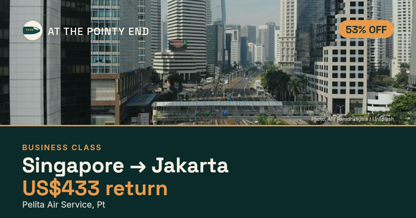 Business return to Jakarta from US$433, about 53% off. Checked against live availability.
