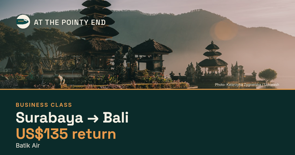 Business return to Bali from US$135, well below typical. Checked against live availability.