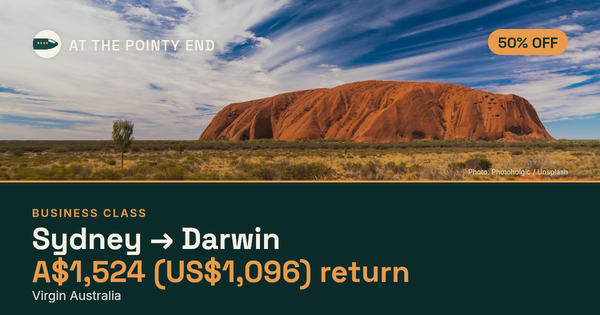 Business return to Darwin from US$1,096, about 50% off. Checked against live availability.