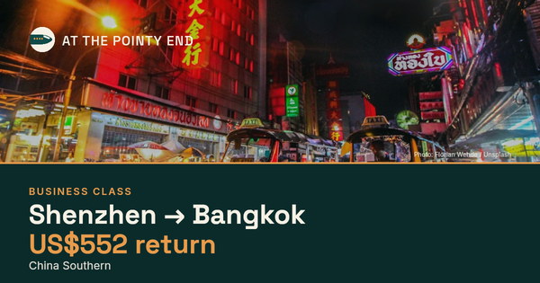 Business return to Bangkok from US$552, well below typical. Checked against live availability.