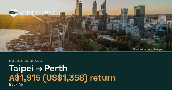 Business return to Perth from US$1,358, well below typical. Checked against live availability.