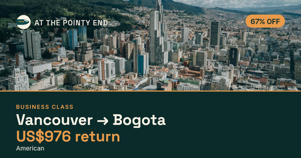 Business return to Bogota from US$976, about 67% off. Checked against live availability.
