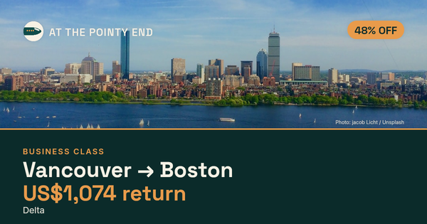 Business return to Boston from US$1,074, about 48% off. Checked against live availability.