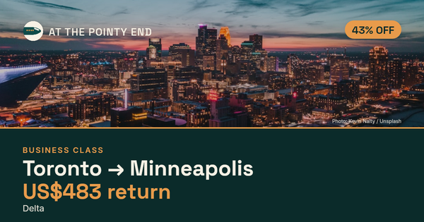 Business return to Minneapolis from US$483, about 43% off. Checked against live availability.