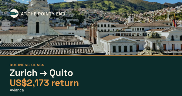 Business return to Quito from US$2,173, well below typical. Checked against live availability.