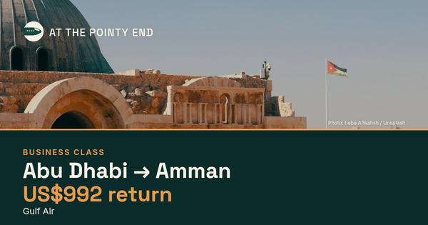 Business return to Amman from US$992, well below typical. Checked against live availability.