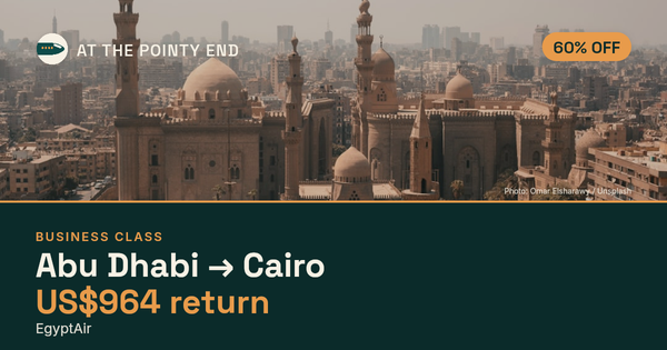 Business return to Cairo from US$964, about 60% off. Checked against live availability.