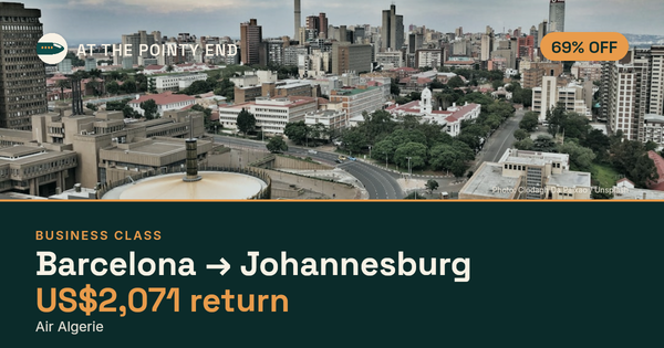 Business return to Johannesburg from US$2,071, about 69% off. Checked against live availability.
