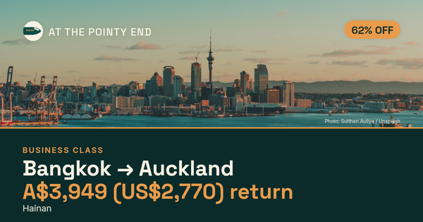 Business return to Auckland from US$2,770, about 62% off. Checked against live availability.