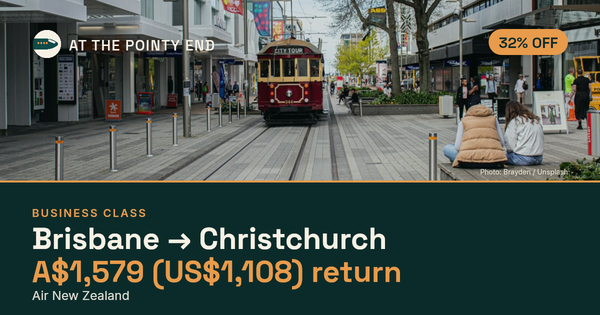 Business return to Christchurch from US$1,108, about 32% off. Checked against live availability.