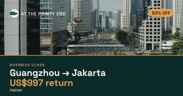 Business return to Jakarta from US$997, about 63% off. Checked against live availability.