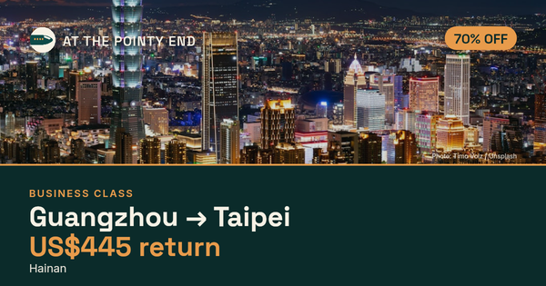 Business return to Taipei from US$445, about 70% off. Checked against live availability.