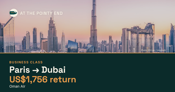 Business return to Dubai from US$1,756, well below typical. Checked against live availability.