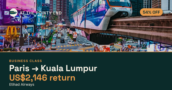 Business return to Kuala Lumpur from US$2,146, about 54% off. Checked against live availability.