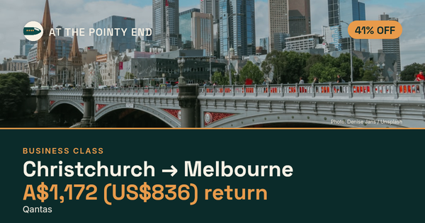 Business return to Melbourne from US$836, about 41% off. Checked against live availability.
