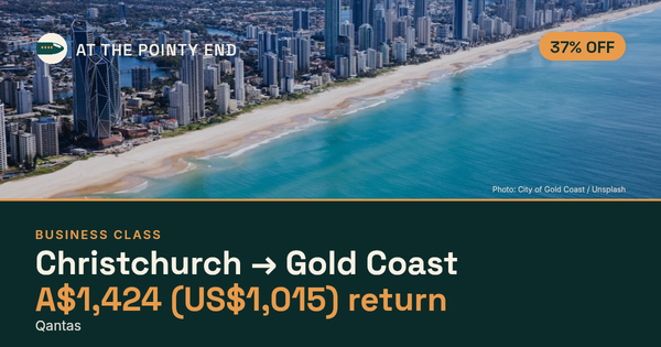 Business return to Gold Coast from US$1,015, about 37% off. Checked against live availability.