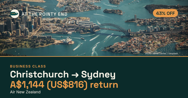 Business return to Sydney from US$816, about 43% off. Checked against live availability.
