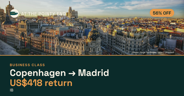 Business return to Madrid from US$418, about 56% off. Checked against live availability.